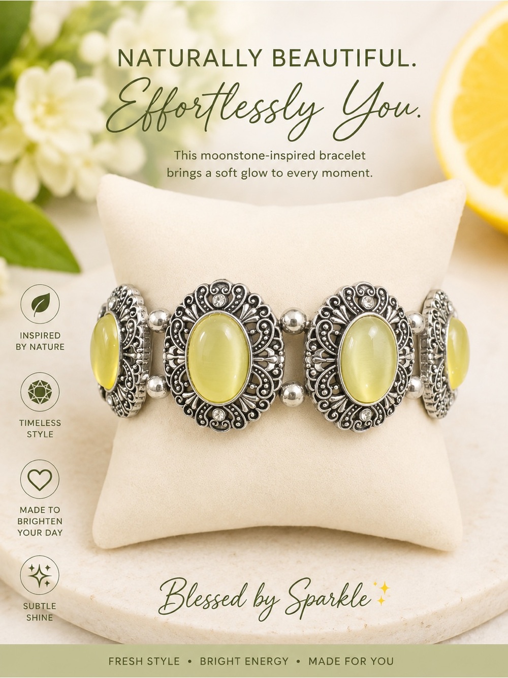 paparazzi Lemon Moonstone-Inspired Silver Tone Oval Bracelet